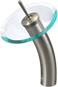 Single Handle Waterfall Bathroom Faucet with Clear Glass Disc Glass Color: Clear, Faucet Finish: Brushed Nickel