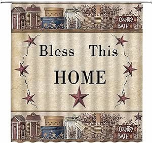 Primitive Country Shower Curtain Western Texas Star Berries Bath Outhouse Vintage Brown Star Bless Our Home Rustic Farmhouse Retro Cottage Cabin Lodge Decor Fabric Bathroom Curtain with Hook