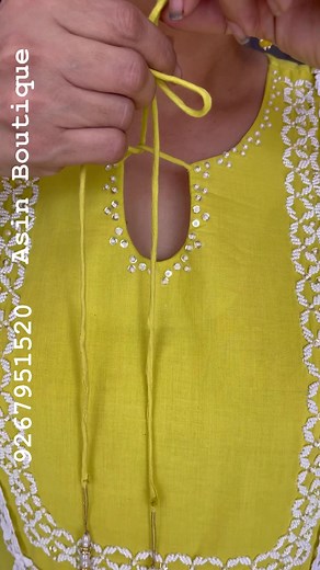 Yellow cotton Pakistani style kurta with lace and pearl work paired with trouser and dupatta. Book now 092679 51520 | Asin Boutique