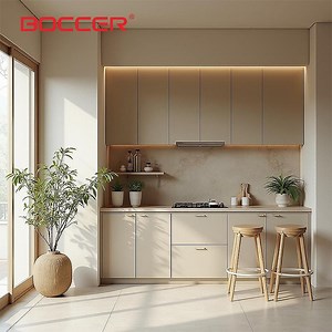 [Hot Item] Modular Beige Eco-Certified Particle Board Kitchen Cabinet with Recessed LED Strips