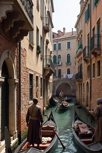 Venice 1270 AD as imagined by AI Experience the bustling maritime empire at its peak through merchant Marco Polo's eyes. Witness gondolas navigating narrow canals, exotic spice trades in Rialto Market, and craftsmen creating renowned Murano glass. From the Doge's Palace to the shipyards of the Arsenal, explore how Venice dominated Mediterranean commerce and connected East with West. | The History Page