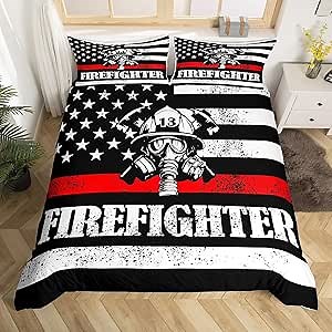 Manfei Firefighter Kids Duvet Cover Set Twin Size, American Flag Bedding Set for Boys Girls Teens Room Decor, Firefighting Theme Comforter Cover, Soft Polyester Quilt Cover, 1 Pillowcase, No Filler