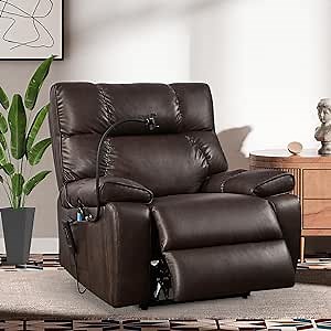 Faux Leather Recliner Chairs for Adults Elderly 180° Lay Flat Heavy Duty Single Sofa with Heat and Massage, Dual OKIN Motor Infinite Position with Side Pockets, Hidden Cup Holders (Brown)