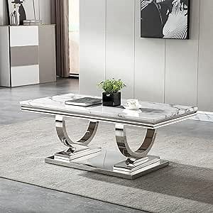 47" White Marble Faux Marble Luxury Cocktail Table - Modern Rectangular Coffee Table with Silver Stainless Steel Base