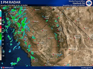 Weather radar at 1 PM shows showers beginning to develop and move into our area. Expect further development through the afternoon, with potential for a few thunderstorms. | US National Weather Service Hanford California