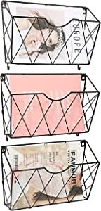 3 Pockets Wall File Organizer, Hanging File Organizer, File Holder, Durable Metal Mail Organizer with Hooks for Office Home, Wall Mount, Black