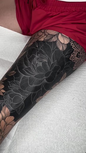 White Peony Thigh Tattoo by Katfishtattoos
