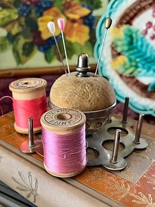 Antique Nickel Pin Cushion & Thread Spool Holder - Velvet Top With Acorn Finial - Etsy