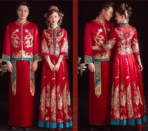 [Hot Item] Xiuhe Retro Chinese Wedding Dress Embroidery Traditional Cheongsam Vintage Red Formal Qipao Women Man Oriental Style Plus Size A987