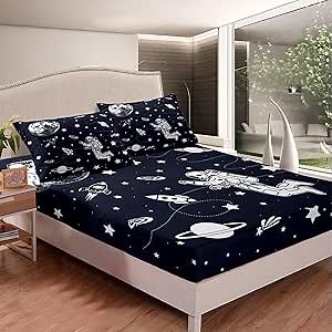 Solar System Fitted Sheet Queen Size Outer Space Bedding Set for Kids Teens Adults Universe Planets Bed Sheet Set Cute Astronaut Blue White Bed Cover Deep Pocket Room Decor 3Pcs with 2 Pillow Case