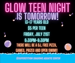 Come on over to Superstition Shadows Aquatic Center tomorrow from 6:30pm- 8:30pm for TEEN NIGHT. $5 for entry will include pizza, soda, and water. We hope to see you there! Call 480-474-5240 For more information. | Apache Junction Parks & Recreation