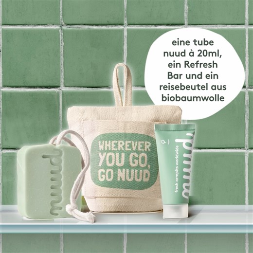 Heute bringen wir etwas ganz Neues heraus: den wahnsinnig praktischen nuud Travel Pack. Er enthält eine Tube nuud à 20 ml (Zehn komplette Wochen Frische!), einen Refresh Bar und einen Reisebeutel aus Biobaumwolle, in dem beides Platz hat. Wenn du den Pack jetzt bestellst (bis Freitag, 23:59 Uhr MEZ), bekommst du 10% Rabatt. #fresharmpitsworldwide #freshpeopleworldwide | Nuud Care