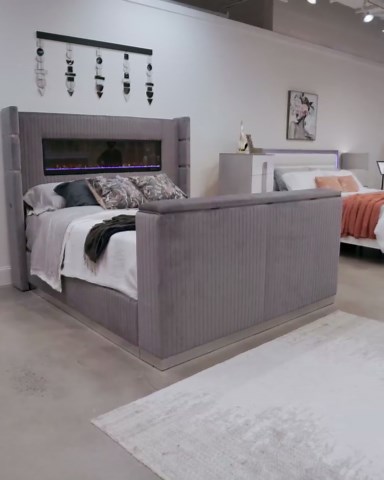 Queen Bed Frame with Fireplace and TV Stand - Wood Platform Bed with 68" Tall Headboard and Storage, Upholstered Sleigh Bed, Velvet Bedframe with TV Mount and USB Ports for Bedroom Furniture, Black