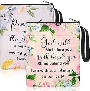 2 Pieces Book Sleeve for Book Lovers Book Sleeve with Zipper Canvas Book Protector Paperback Book Cover Washable Book Pouch with Pocket for Teen Adult Book Lover Gift (Bible Quote Pattern)