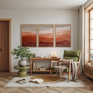 Layered Landscape Triptych Wall Art, Set of 3 Terracotta Abstract Prints, Horizontal Stripes Poster Set, Modern Minimalist Wall Decor Boho