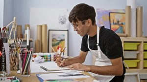 Young hispanic man, a passionate artist, breaking the norms in art, angrily crumpling a drawing in his cozy studio
