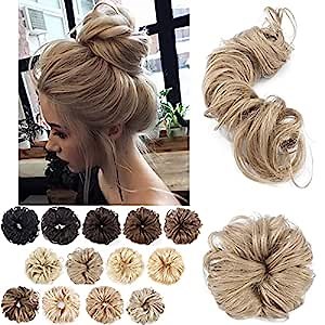 MY-LADY Messy Hair Bun Human Hair Extension 32g Strip Type Wrap Around Tousled Updo Ponytail Bun Curly Wavy Scrunchies Scrunchy Hairpiece Chignons for Women #27 Dark Blonde