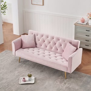 71"Convertible Futon Sofa Bed - Modern Velvet Sleeper Couch with Adjustable Backrest, Tufted Recliner with Golden Chrome Legs & 2 Pillows, Perfect for Small Spaces, Living Room & Apartment (Beige)