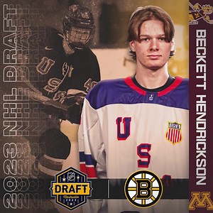 Beckett to Beantown! Congratulations to Beckett Hendrickson on being selected in the 4th round by the Boston Bruins! 👏 #PrideOnIce x #NHLDraft | Minnesota Men's Hockey
