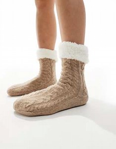 Loungeable cosy cable knit slipper sock with sherpa lining in oat marle | ASOS