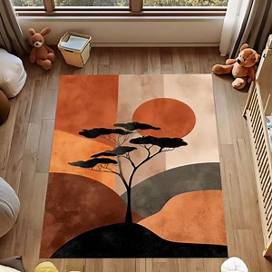 African Sunset Rug: Earthy Minimalist Landscape, Tree Silhouette Safari, Retro Tribal Boho Living Carpet - Etsy