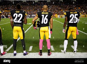 Pittsburgh Steelers cornerback William Gay, wide receiver Lance Moore (16), and cornerback Brice McCain (25) stand for the National Anthem before an NFL football game against the Houston Texans, Monday, Oct. 20, 2014 in Pittsburgh. The Steelers won 30-23. (AP Photo/Gene Puskar Stock Photo - Alamy