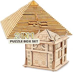 ESC WELT Ancient Secrets Set - Escape Room in a Box - Brain Teaser Puzzles for Adults & Kids - Puzzle Box with Hidden Compartment - Cash Money Puzzle Box - Wooden Puzzle Boxes