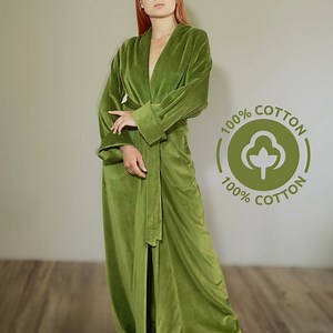 Long Green Robe From Eco Velvet 100% Cotton - Etsy