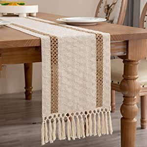 Cream Burlap Table Runner 108 Inches Long, Boho Table Runner for Farmhouse Boho Wall Decor, Linen Table Runner with Tassel for Holiday/Wedding/Party/Farmhouse/Kitchen/Dining Table Decor
