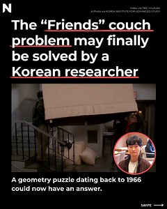 6.1K views · 25 reactions | A geometry puzzle first posed in 1966 — and later popularized by a Friends couch scene — may finally have an answer. A Korean researcher has produced a proof setting a strict limit on the largest shape that can move around a right-angled corner, a question that has challenged mathematicians for decades.  Support Rebel Yellow and subscribe to read the full story: https://www.therebelyellow.com/p/asian-american-adults-uneasy-about | NextShark | Facebook