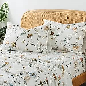 Zusbest Floral Bed Sheets Queen Size 100% Percale Cotton Thistle Flower Pattern Taupe Sheet Set Vintage Wildflower Printed Brown Beige Bedding Breathable Crisp Deep Pocket Sheets 17.5'', 4 Pcs