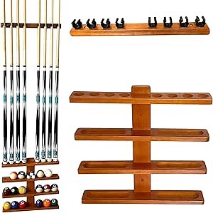 GoSports Wall Mounted Pool Cue Stick Holder - Holds 6 Billiards Cues and 2 Triangle Racks - Black