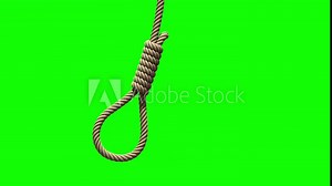 Hangman's noose on green screen. A rope with a knot for suicide or execution by hanging falls from above, swings from side to side like a pendulum and stops. 3D animation with chroma key.