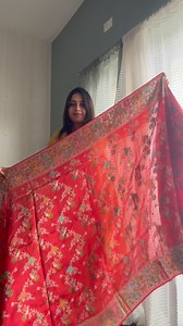 1.5K views · 18 reactions | Orangish red Moonga tussar saree with allover thread and zari weaving showcasing creepers and birds weaving with rich borders and heavy pallu in silver zari . Blouse - Plain matching blouse material with silver borders . Price - 5950 INR Kindly WhatsApp us @ 7995038888 for enquiries. | Yellow | Facebook