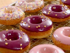 Baked Donuts with Blood Orange, Rhubarb and Blueberry Glaze