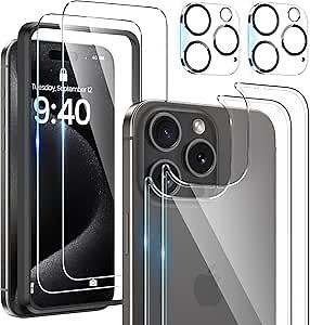 Maxdara [Upgrade [6 in 1] for iPhone 15 Pro Screen Protector(6.1 inch), iPhone 15 Pro Back Screen Protector and Front Screen Protector with Camera Lens Protector [2+2+2 Pack], 9H Hardness, Ultra HD