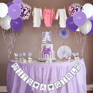 [Hot Item] Purple Elephant Baby Shower Birthday Party Supplies Happy Birthday Banner Theme Kit