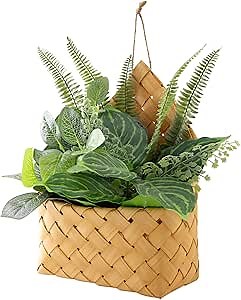 MyGift Artificial Greenery Arrangement, Hanging Faux Green Fern Planter with Decorative Handmade Woven Bamboo Basket