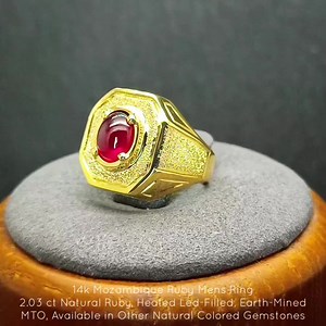 14k Mozambique Ruby Mens Ring - Made to Order - 2.03 Carat Approx Natural Ruby - Oval Cabochon, Lead Filled - Earth-Mined: Mozambique - Solid 14k Yellow Gold Setting - Available in Emerald, Citrine, Garnet - Ruby, Rhodolite, Tourmaline, Opal - Topaz, Spessartite, Zircon, Peridot - Demantoid, Aquamarine, Sphene - Jadeite, Onyx, Sapphire, Fire Opal - Amethyst, Morganite, Tanzanite - Natural, Mined, Colored Gemstones ------------------------------------------------- * Pawnable or money back! * Guar