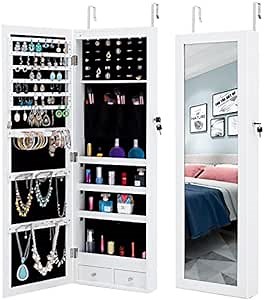 Jewelry Mirror Armoire Wall Mount Over The Door Mirror Lockable Jewelry Cabinet Storage Mirror Organizer with LED Lights
