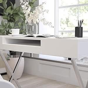Merrick Lane Rhodes Computer Desk - Sleek Granite White Writing Desk - 44" Home Office Desk with Chrome Criss Cross Legs, Keyboard Tray and 2 Box Drawers
