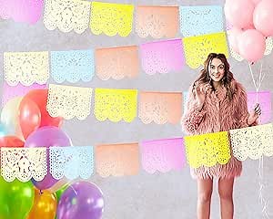 Pastel Papel Picado Banner for Cinco de Mayo Parties, Large Pastel Mexican Flags, Pastel Party Decorations - Pastel Decor for Fiestas, Weddings, Bridal Shower, Baby Showers, Kids Party, Boho Rainbow
