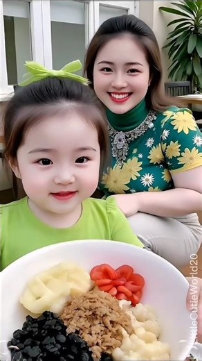 Beautiful Mom Teaches Cute Daughter to Share Sweet Mixed Dessert