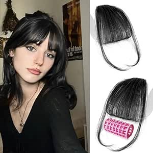 Clip in Bangs - 100% Human Hair Bangs Hair Clip, Pure Black Wispy Bangs Clip in Hair Extensions, Clip on Air Bangs Fringe with Temples Hairpieces Fake Bangs for Women Curved Bangs for Daily Wear