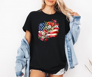 Patriotic Floral American Flag Unisex Men Women Shirt 4500PC - Etsy