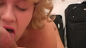 Cock hungry girl sucks and wanks on her knees