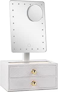 Star Vision 2-in-1 Lighted Makeup Mirror with PU Jewelry Organizer, Dimmable 6,000K Cool White Light, 2-Layer Drawers, PU Surface with Stitching, Includes a 10X Magnification Mirror, White
