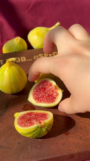 These are Tiger Stripe figs — also known as Panaché or Variegato. With jammy raspberry-citrus flavor and candy cane stripes, they’re a rare seasonal gem that ripens late in the summer. Figs have been foraged since 5,000 BCE in Western Asia and later spread through the Mediterranean. The exact origin of Tiger Stripe figs is still debated — but some trace them back to 17th century Europe before they made their way to California. In the Gold Rush era, fig farmer John Wolfskill sold fruit to miners.