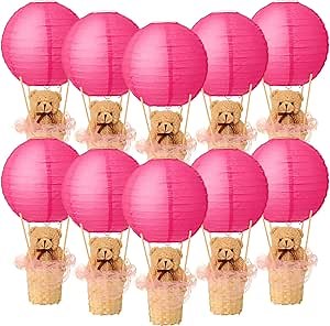 Coume 12 Sets Baby Shower Hot Air Balloon Table Centerpieces 12 DIY Paper Lanterns 12 Stuffed Plush Bears 12 Woven Baskets 48 Sticks Yarn for Wedding Birthday Baby Shower Party Decorations(Pink)