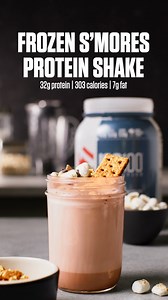 toasted mallows for your roasted biceps Frozen S’mores Protein Shake Serves: 1 - 1 scoop Dymatize ISO100 Gourmet Chocolate protein powder - 1 cup unsweetened vanilla almond milk - 2 oz. nonfat vanilla Greek yogurt - 1 cup ice - 2 big marshmallows - 1 Tbsp dark chocolate chips - 1 Tbsp crushed graham crackers In a blender, combine protein powder, almond milk, yogurt and ice until smooth. Broil your marshmallows in oven for a minute, until toasty. Top shake with toasted marshmallows, chocolate chi
